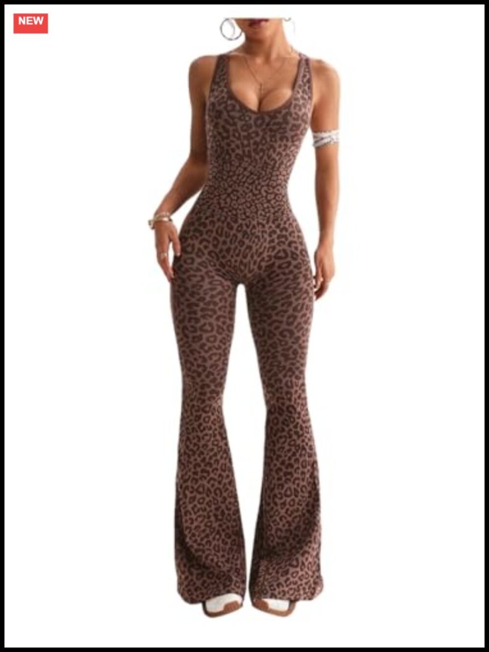 Cheetah Print Workout Jumpsuit Flared Leg Backless Sleeveless High Stretch